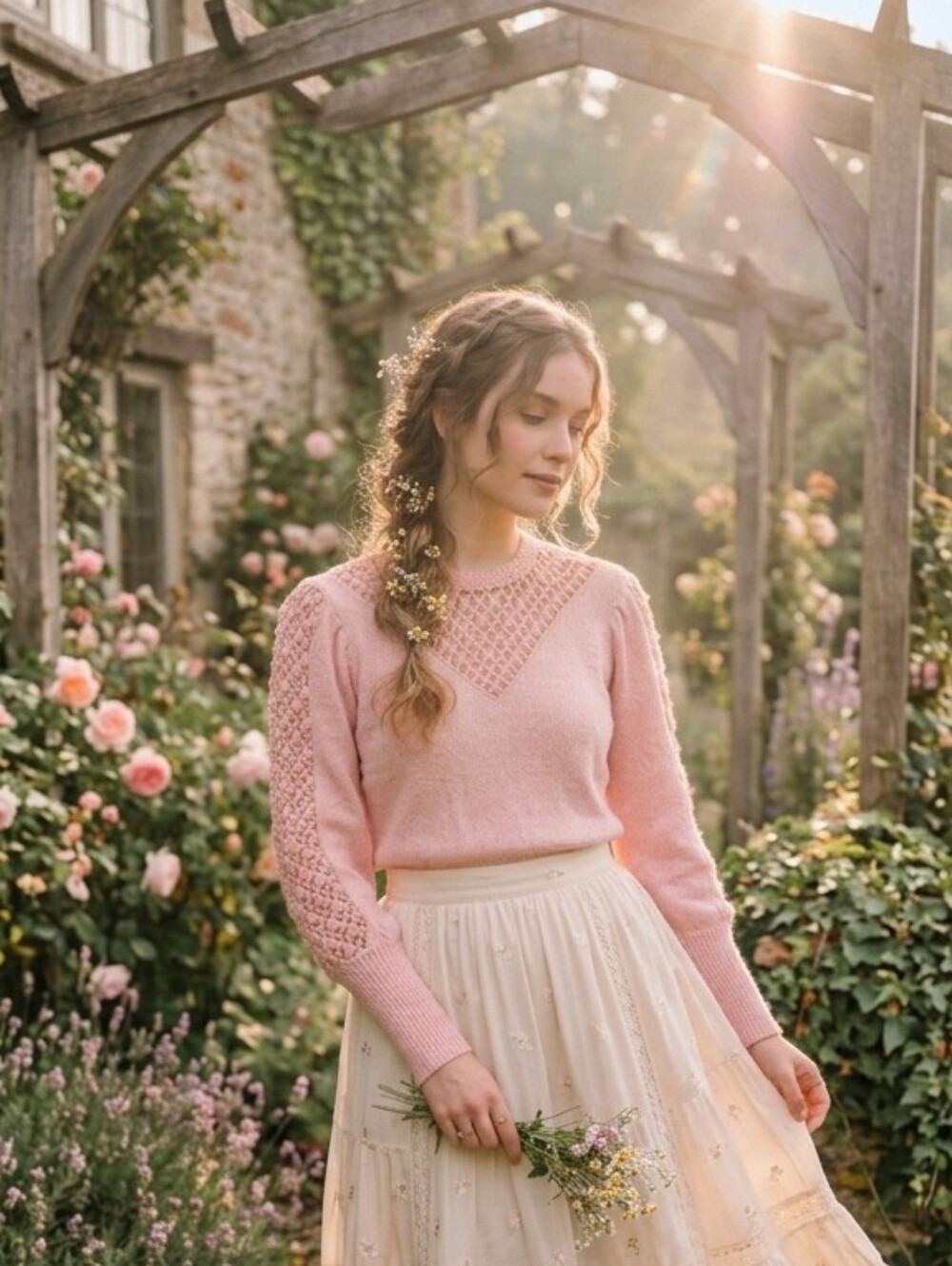 Vintage 80s Brownstone Studio Pastel Pink Boucle Popcorn Knit Sweater Size Med